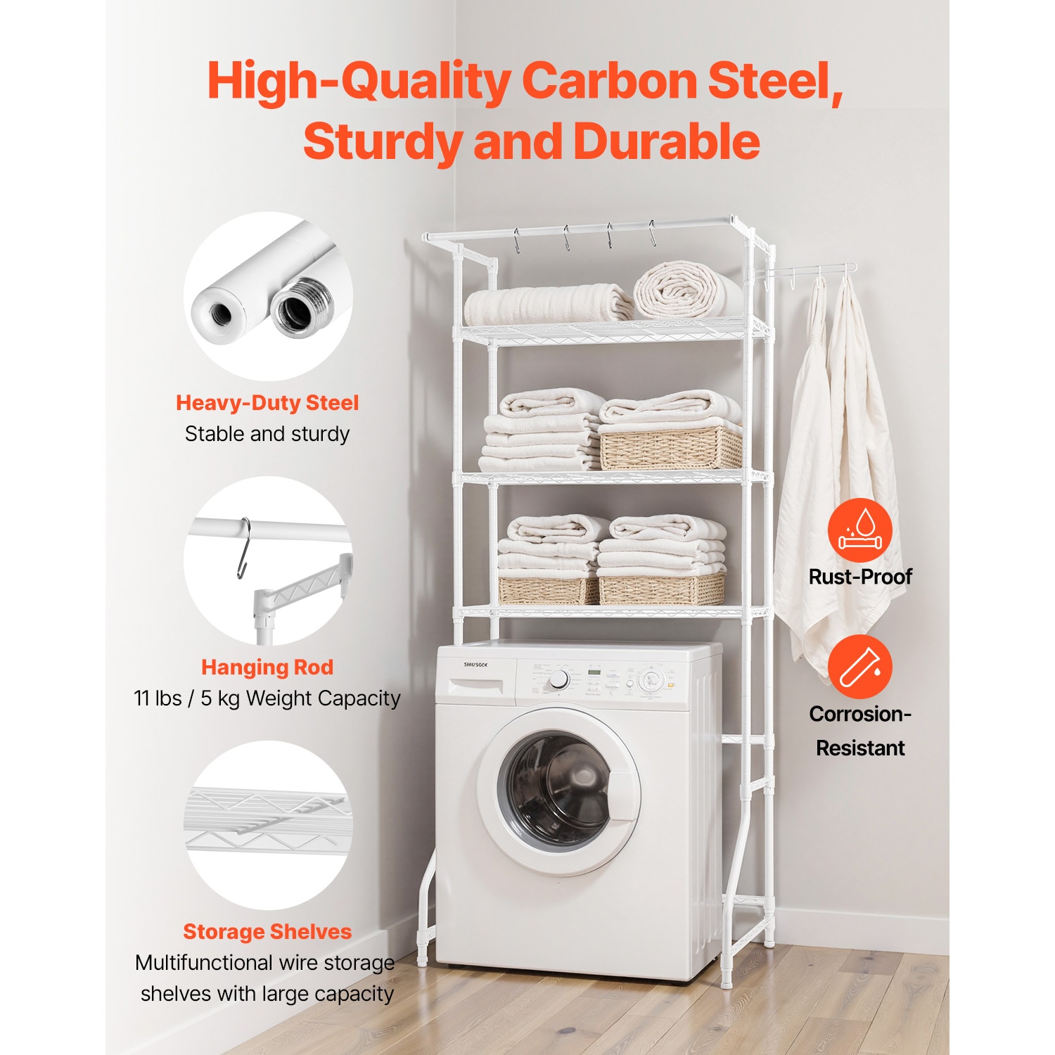 Over The Washer And Dryer Storage Shelf, 3 Tier Laundry Room Drying Rack With Hanger Rod And Hooks, Adjustable Over Washer And Dryer Shelves, Laundry Room Shelf Storage Space Saver, White_maomaolike.com